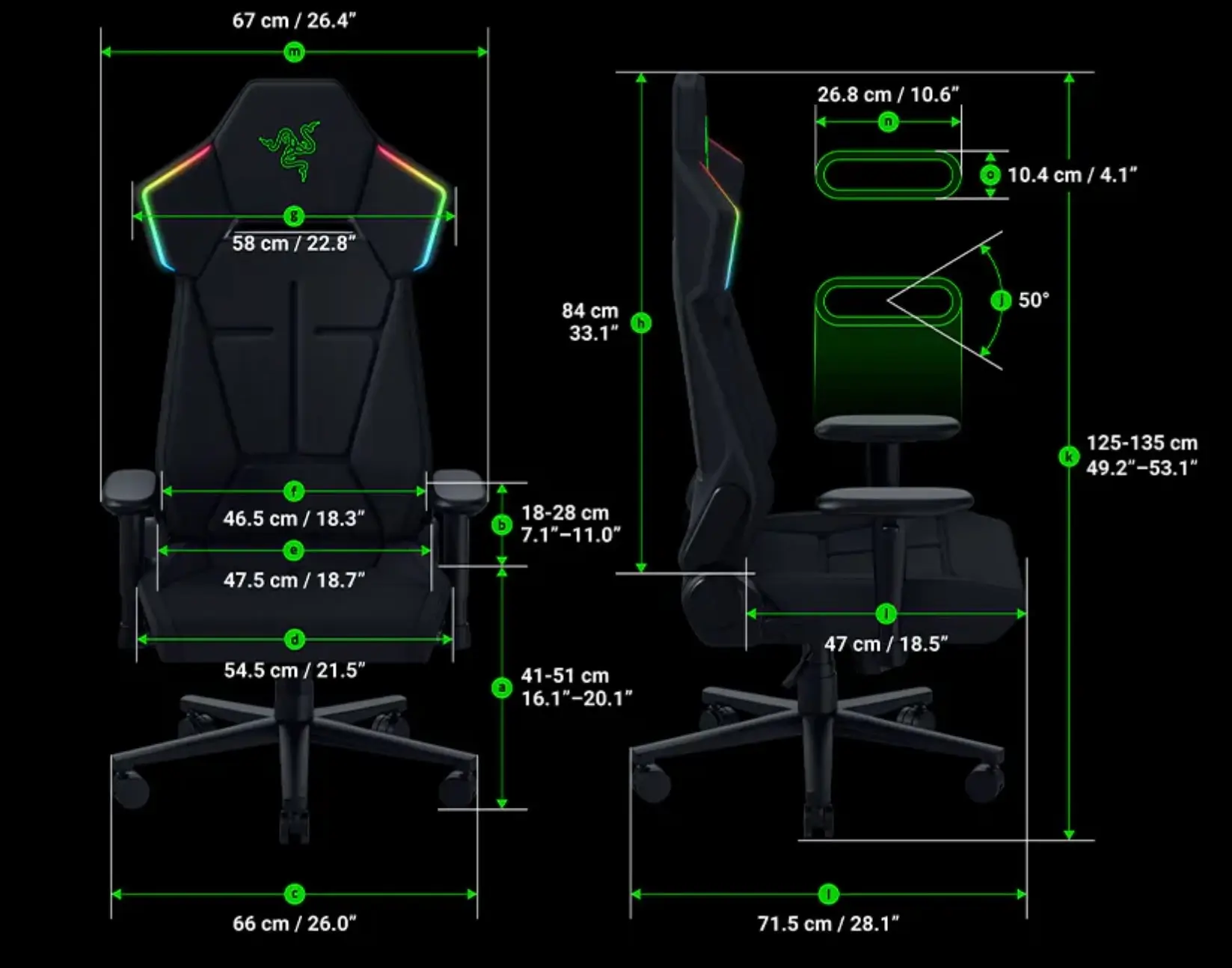 Razer gaming chair dimensions diagram showing front, side, and rear measurements, adjustable features, and overall sizing.