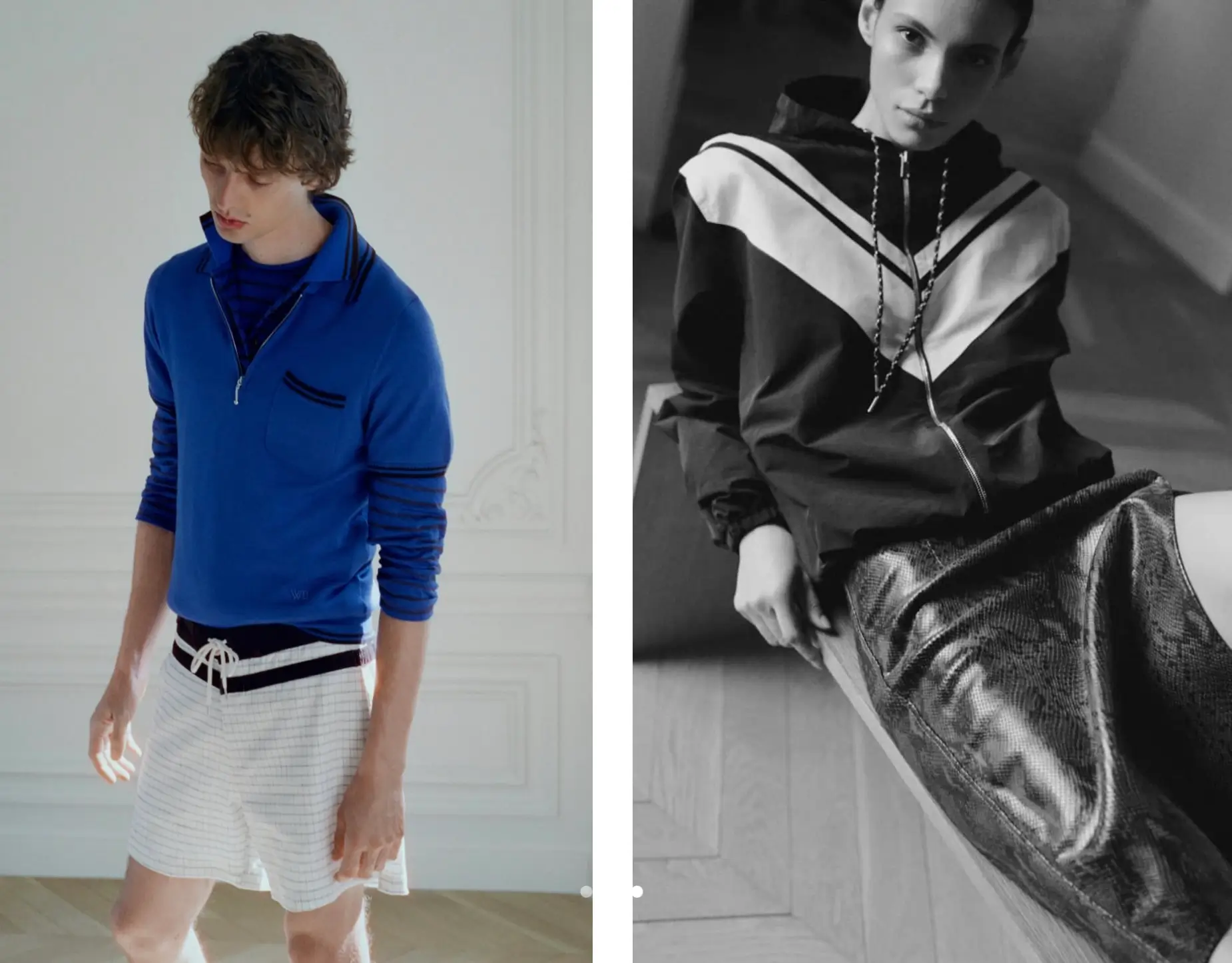 Editorial split image featuring a model in a cobalt-blue knit and striped shorts alongside a monochrome portrait showcasing a graphic hooded jacket with a metallic textured skirt.