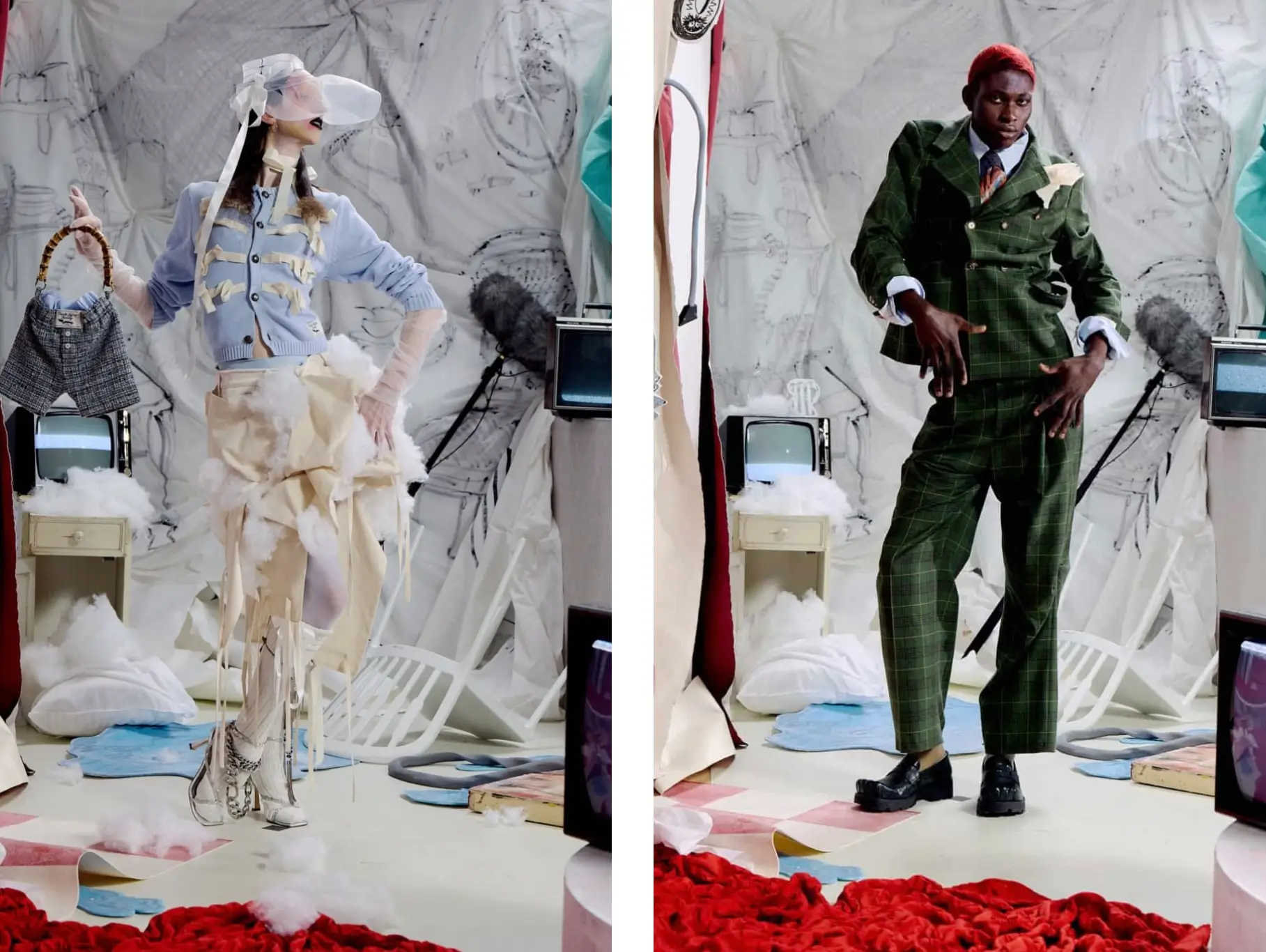 Avant-garde fashion editorial featuring sculptural garments, a translucent visor, a tailored green plaid suit, and an immersive studio installation filled with artistic props.