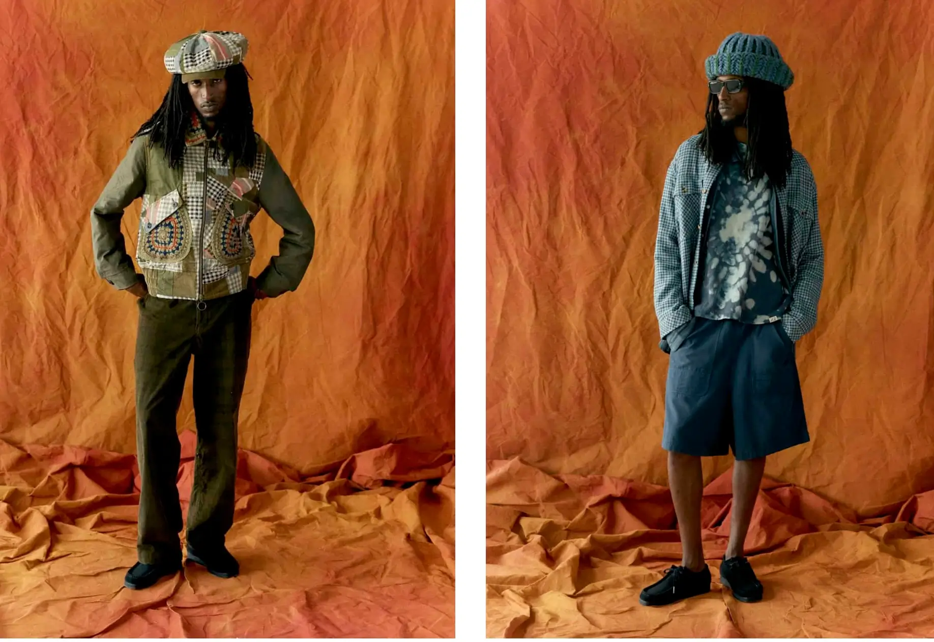 Editorial menswear diptych featuring two contemporary looks with textured knit hats, layered patchwork garments, tie-dye styling, and relaxed tailoring against a warm orange backdrop.