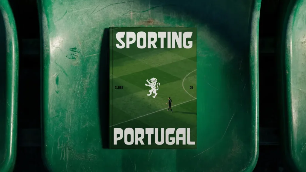 A magazine with Sporting Clube de Portugal and a lion emblem on the cover rests on a worn green stadium seat, featuring an aerial view of a soccer field with a lone player.