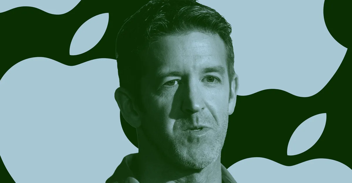 Portrait of Apple executive John Ternus against a light blue background overlaid with oversized black Apple logos, rendered in a monochromatic green editorial graphic treatment.