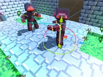 Low-poly 3D game scene in a level editor with two blocky characters, transform controls, and audio markers inside a dungeon environment