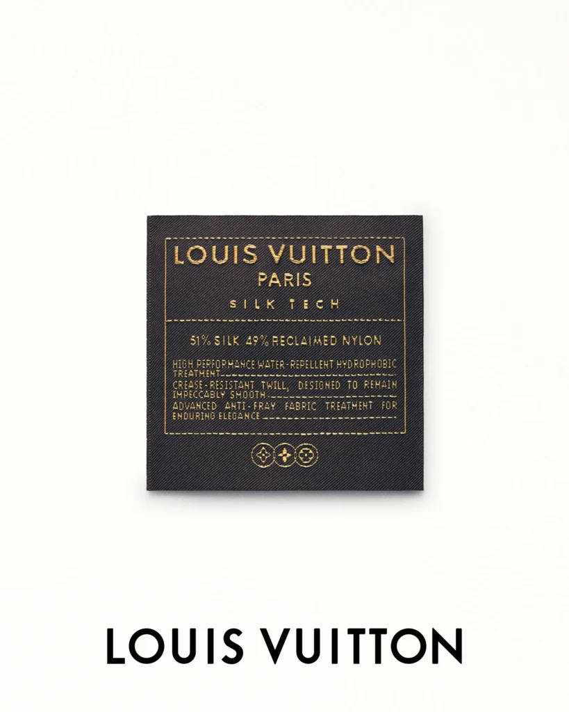 Close-up of a woven Louis Vuitton Paris Silk Tech fabric label in black and gold, displaying material composition and technical fabric details against a white background