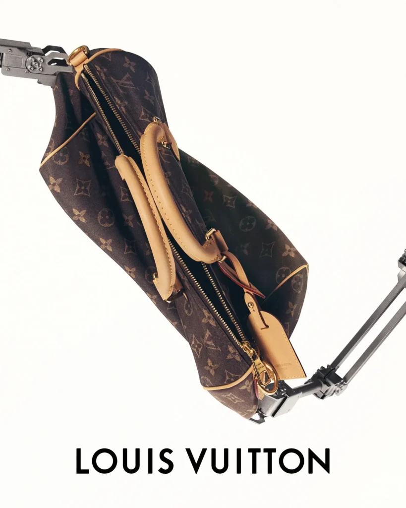 Louis Vuitton monogram duffle bag suspended in a mechanical display rig, highlighting natural leather handles, gold-tone hardware, and the iconic coated canvas in a studio still-life