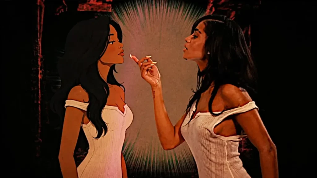 show side-by-side comparison showing an animated woman in a white off-the-shoulder dress facing a live-action woman in a matching white dress, posed face-to-face with raised hands against a dark, warm-toned background, emphasizing the contrast between animation and reality