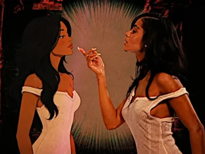 show side-by-side comparison showing an animated woman in a white off-the-shoulder dress facing a live-action woman in a matching white dress, posed face-to-face with raised hands against a dark, warm-toned background, emphasizing the contrast between animation and reality