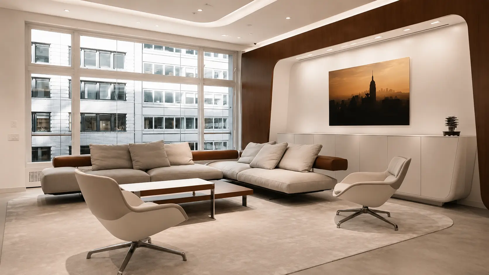 Contemporary MB&F New York lounge featuring a sculptural sectional sofa, minimalist lounge chairs, floor-to-ceiling windows, warm walnut paneling, and a skyline artwork within a refined gallery-inspired interior.