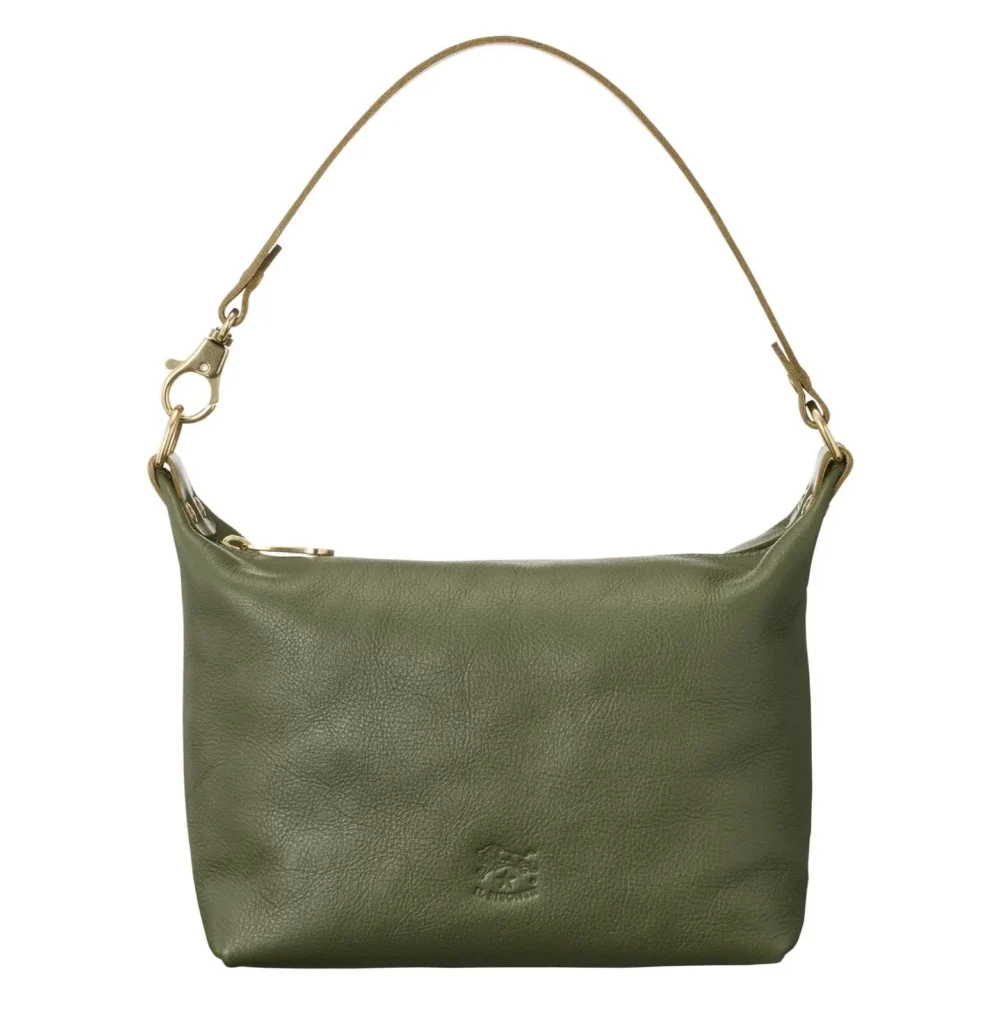 Olive green leather shoulder bag with a minimalist silhouette, slim adjustable strap, gold hardware, and an embossed logo on the front