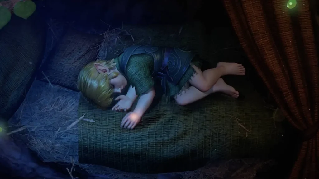 Young Link sleeps curled up on a straw bed inside a dim wooden hut, illuminated by soft blue moonlight and glowing forest motes. The peaceful scene highlights his pointed ears, green tunic, and tranquil expression, creating a shh fairy-tale atmosphere