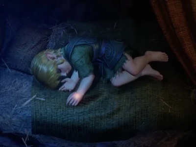 Young Link sleeps curled up on a straw bed inside a dim wooden hut, illuminated by soft blue moonlight and glowing forest motes. The peaceful scene highlights his pointed ears, green tunic, and tranquil expression, creating a shh fairy-tale atmosphere