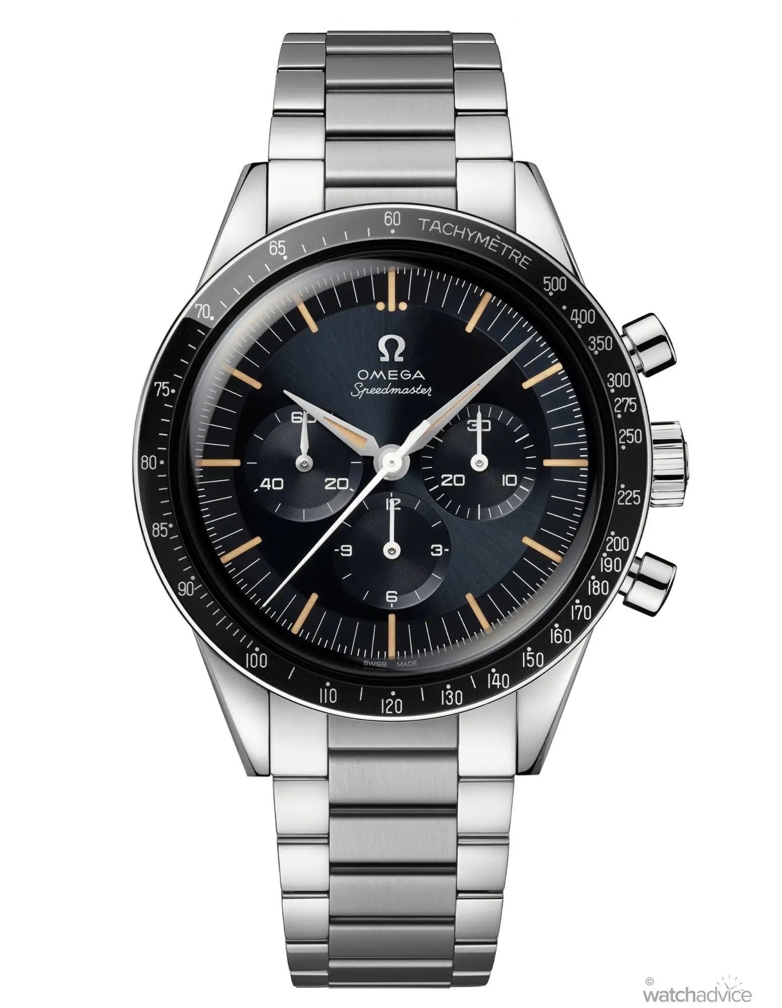 Omega Speedmaster chronograph wristwatch with a stainless steel case and bracelet, black tachymeter bezel, deep blue-black dial, vintage-inspired cream hour markers, three recessed subdials, and polished silver hands displayed against a clean white background.