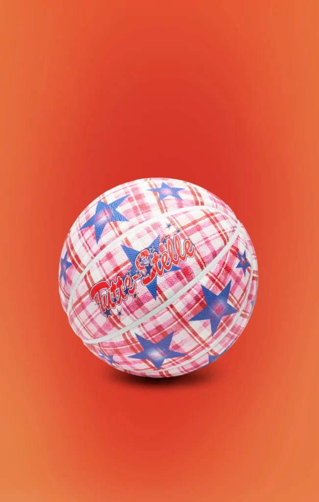 Pink plaid basketball featuring blue star graphic