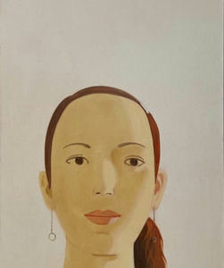 A minimalist portrait painting of a woman facing forward against a soft off-white background. She has a calm, neutral expression, warm beige skin tones, thin arched eyebrows, and coral-colored lips. Her long auburn hair is gathered into a low side ponytail draped over her right shoulder. She wears a delicate necklace and a single dangling hoop earring on her left ear. The composition leaves generous negative space above her head, emphasizing the serene, understated aesthetic