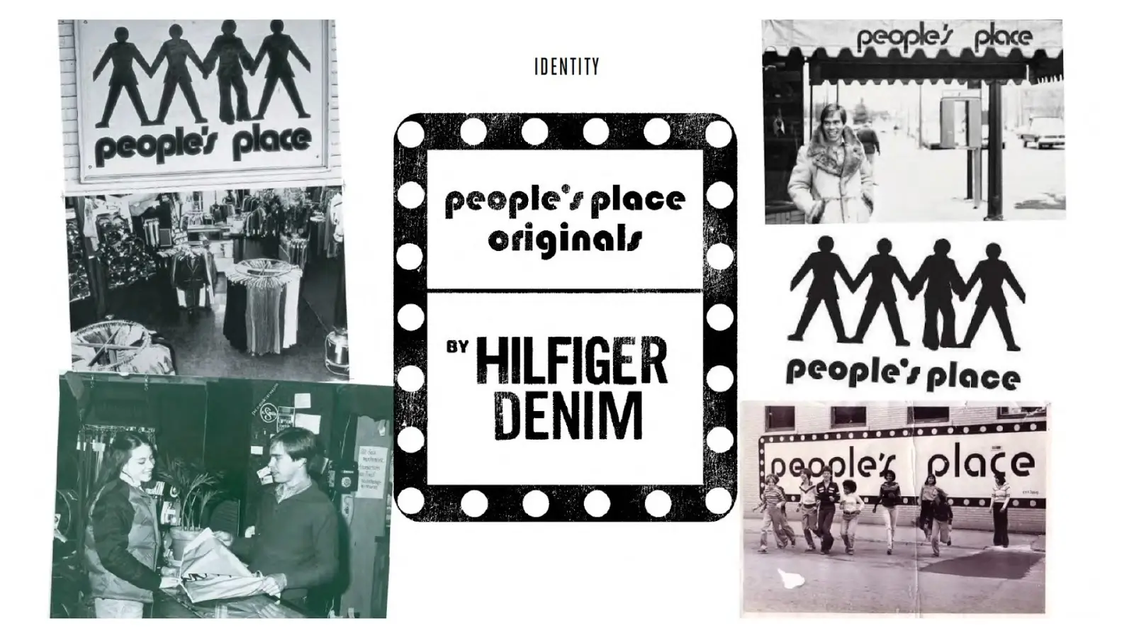 Vintage People's Place Originals by Hilfiger Denim identity collage featuring archival store logos, storefronts, retail interiors, and early brand photography.