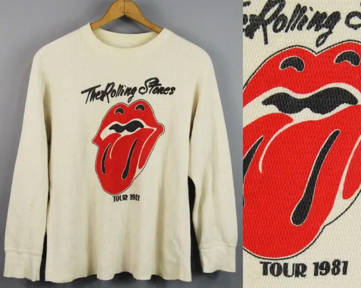 Vintage cream waffle-knit Rolling Stones Tour 1981 thermal long-sleeve shirt featuring the iconic red Tongue and Lips logo with black band script across the chest and Tour 1981 text below, shown alongside a close-up highlighting the textured knit fabric and distressed screen print.