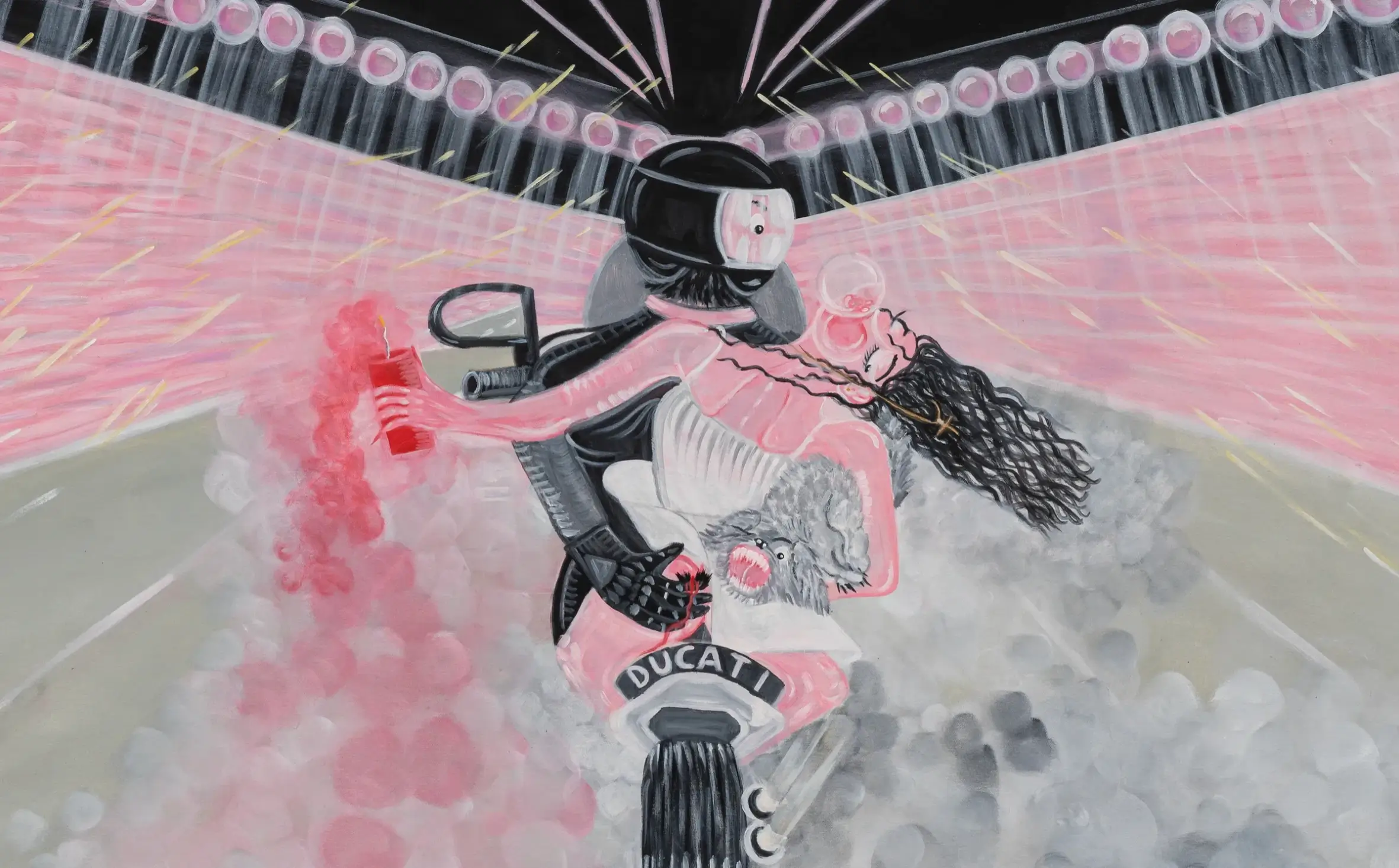 A contemporary figurative painting of a woman riding a pink Ducati motorcycle through clouds of smoke beneath glowing stadium lights. Wearing a black helmet and flowing dark hair, she blows a pink bubblegum bubble while holding a red flare, creating a cinematic scene rendered in soft pink, gray, black, and white tones.
