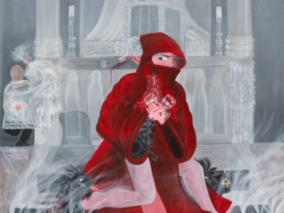 Moody painting of a mysterious figure in a flowing red hooded robe and veil, seated amid candlelight in a grand, ghostly hall with white columns and drapery. The figure holds a bottle and glass while two dark dog-like creatures rest nearby. Ethereal white figures linger in the smoky background. Dramatic, ritualistic, and hauntingly atmospheric