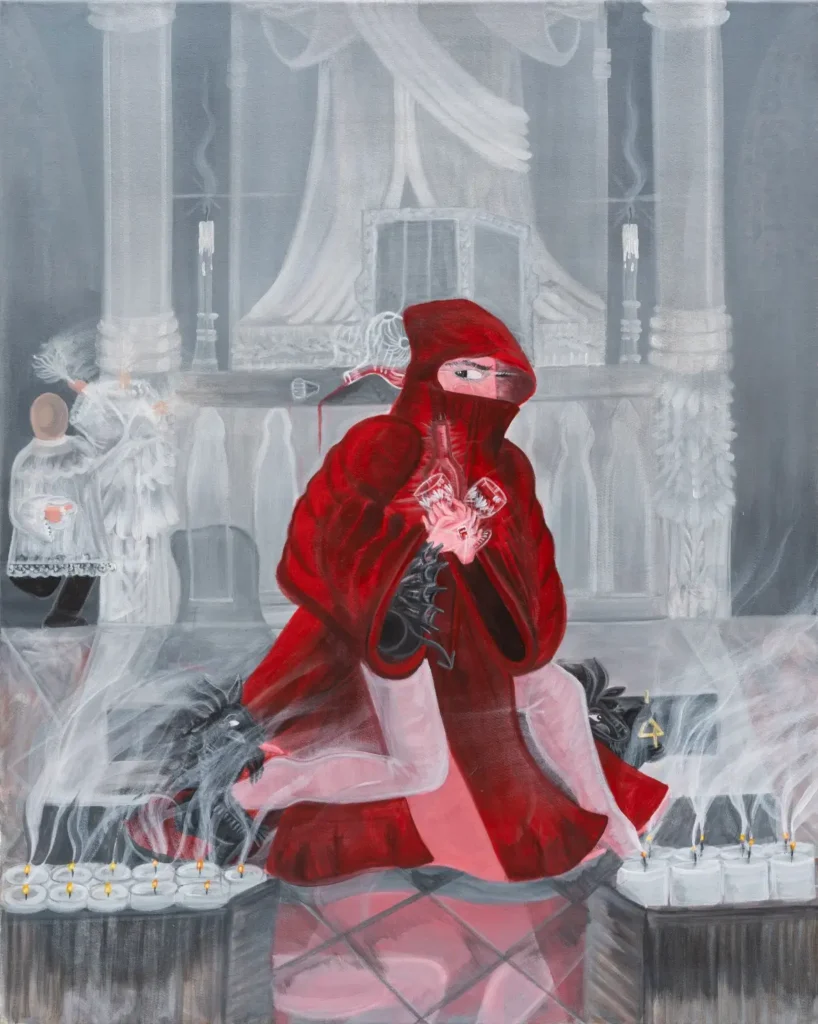 Moody painting of a mysterious figure in a flowing red hooded robe and veil, seated amid candlelight in a grand, ghostly hall with white columns and drapery. The figure holds a bottle and glass while two dark dog-like creatures rest nearby. Ethereal white figures linger in the smoky background. Dramatic, ritualistic, and hauntingly atmospheric