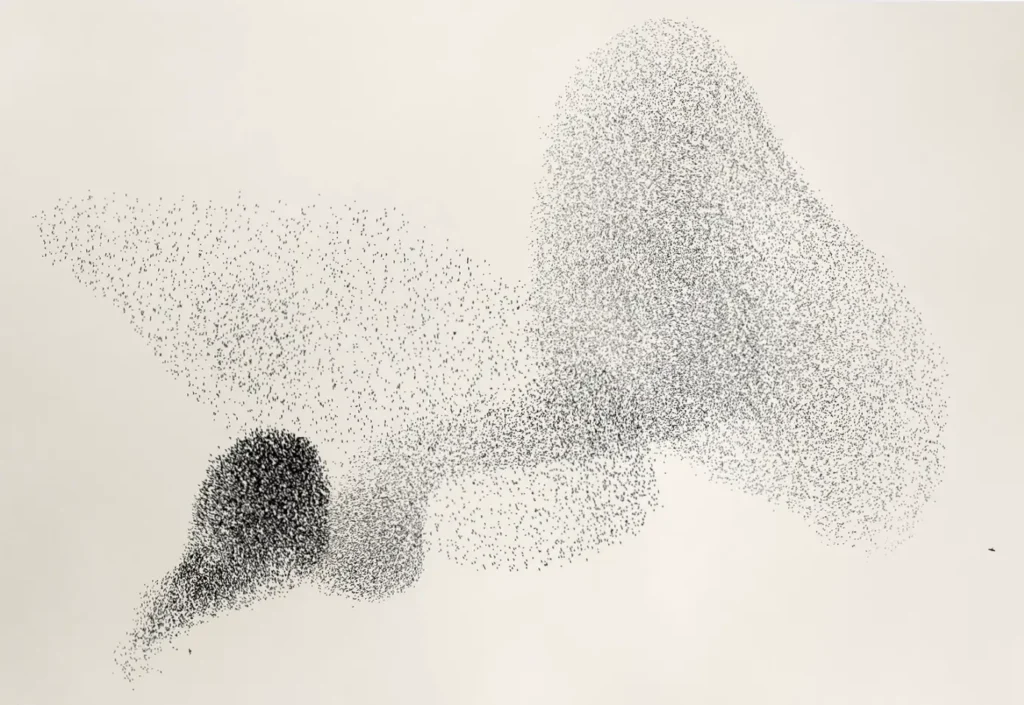 Abstract composition of thousands of tiny black dots forming a fluid, wing-like cloud that expands across a white background, with a dense nucleus dissolving into lighter, away particle