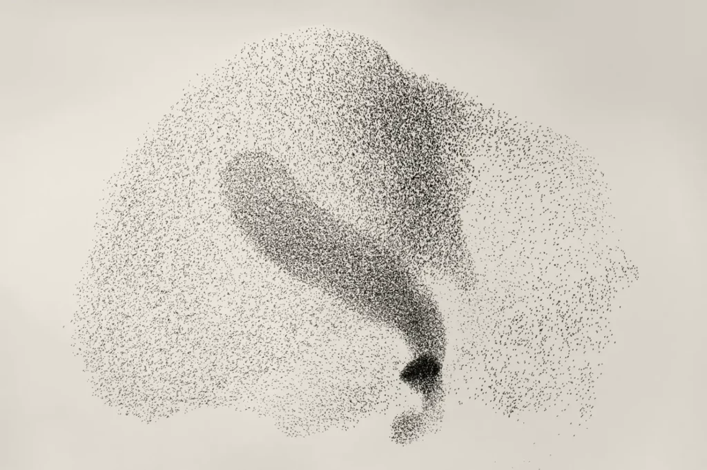 A large circular swarm of finely spaced black dots surrounds a darker central core, creating the impression of motion and depth as the particles spiral outward across the white surface