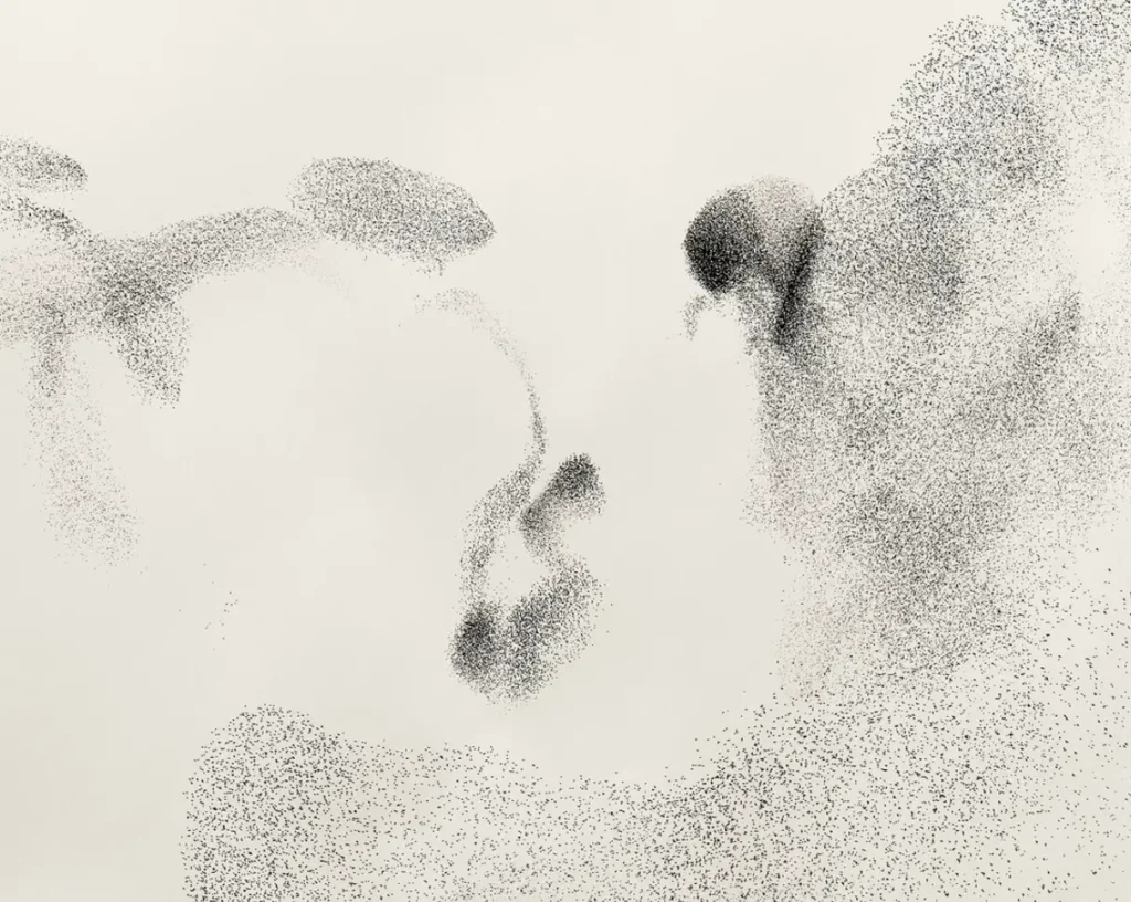 Delicate constellations of black dots spread across a white field, linking several darker clusters into an airy, organic composition that suggests movement without forming a fixed shape