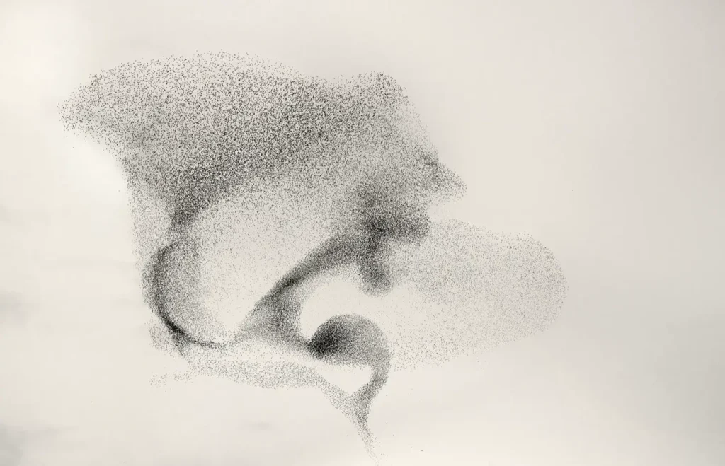 Fine black particles gather into a compact, cloud-like form with sweeping curved trails that arc around a central mass, producing a sense of continuous motion