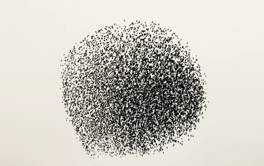 A tightly packed sphere of countless tiny bird silhouettes forms a nearly perfect circular murmuration, with individual birds visible around the edges against a clean white background