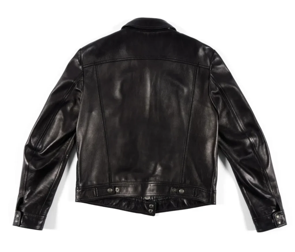 Black leather jacket shown from the back on a white background