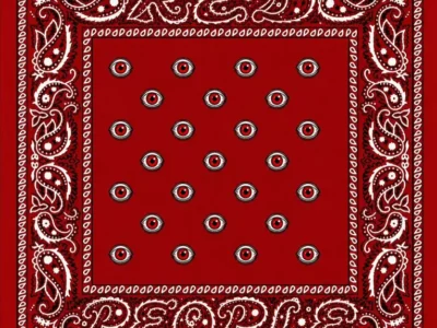 Red square graphic designed like a classic paisley bandana with an ornate white and black border. The words “DRED” appear across the top and “PEOPLE” across the bottom in stylized white script outlined in black. The center features a grid of illustrated red eyes with black pupils and white highlights, evenly spaced against a solid red background. The overall design combines traditional bandana motifs with bold typography and surreal eye graphic