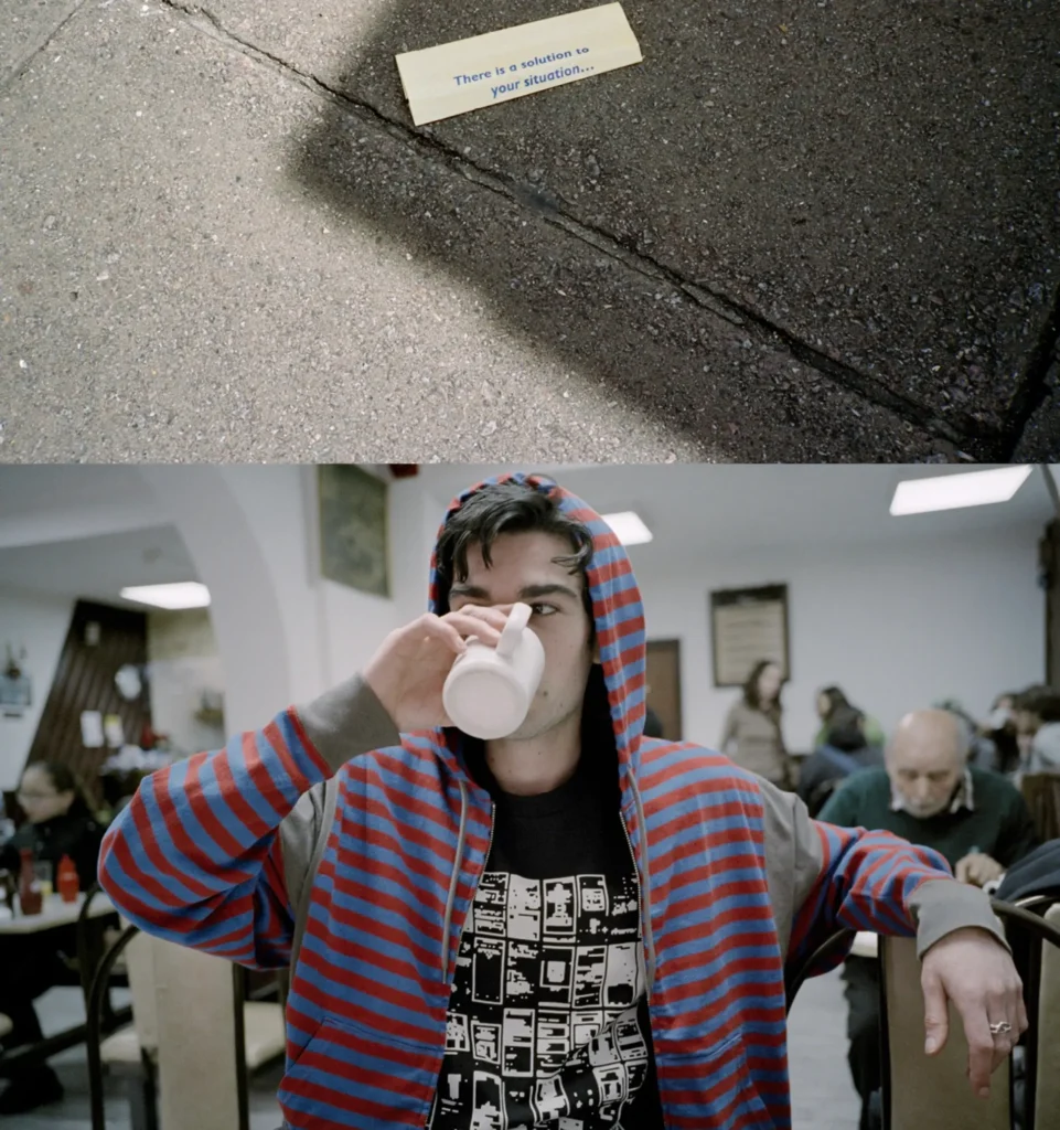 Split composition featuring a small printed message on the pavement reading “There is a solution to your situation...” and a male model drinking from a white mug in a red and blue striped hooded jacket inside a café