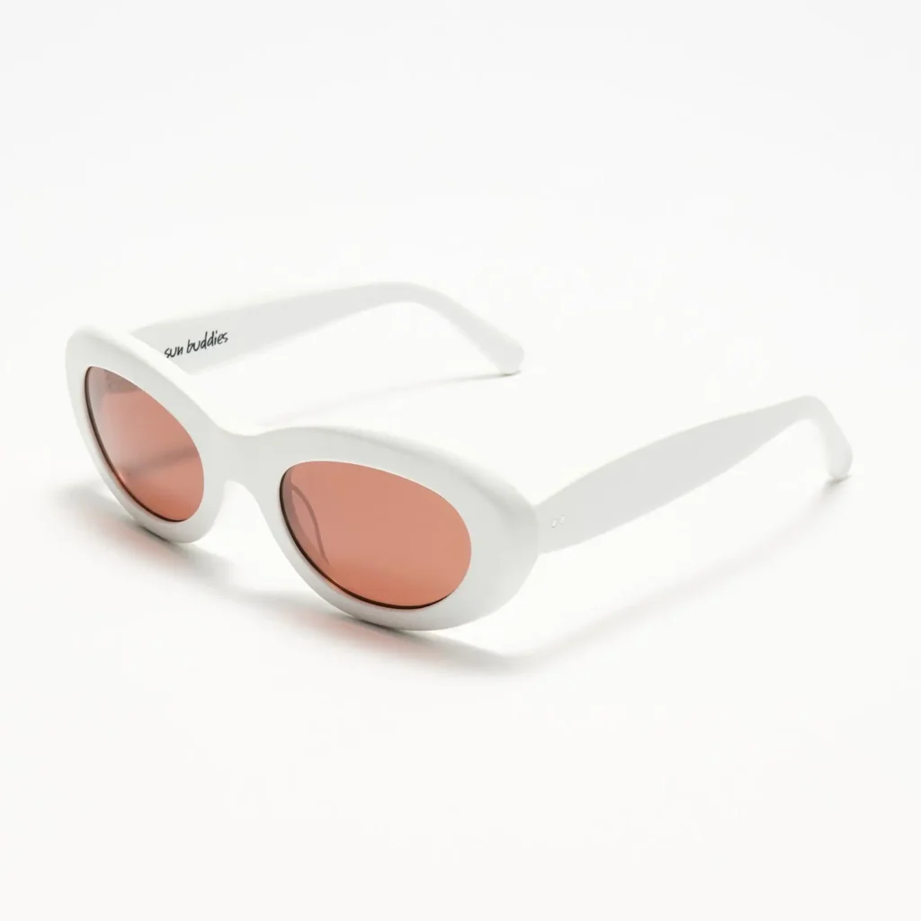 Angled view of white Sun Buddies Courtney sunglasses featuring thick oval frames and pink-tinted lens