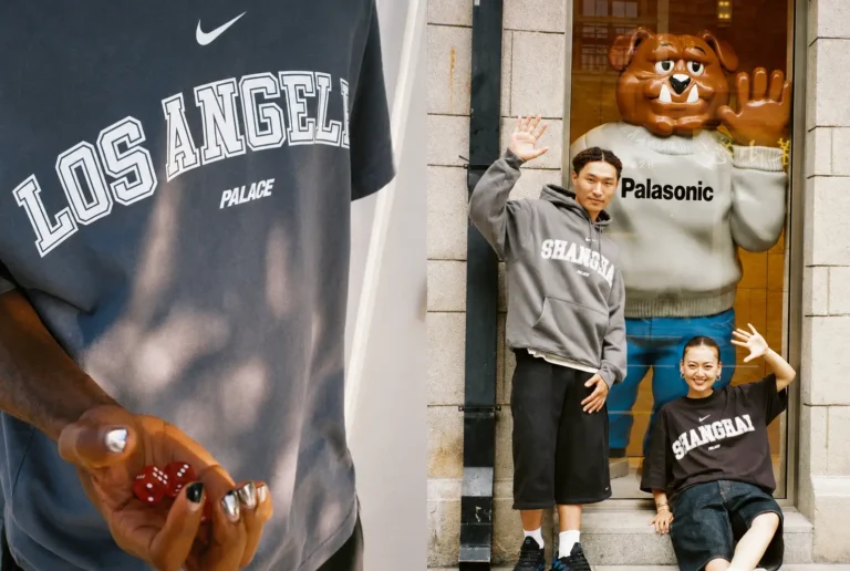 Lifestyle campaign image pairing a close-up of a Nike x Palace Los Angeles T-shirt with red dice in hand alongside two models wearing Shanghai hoodies and T-shirts posing in front of a storefront display with a large cartoon bulldog figure