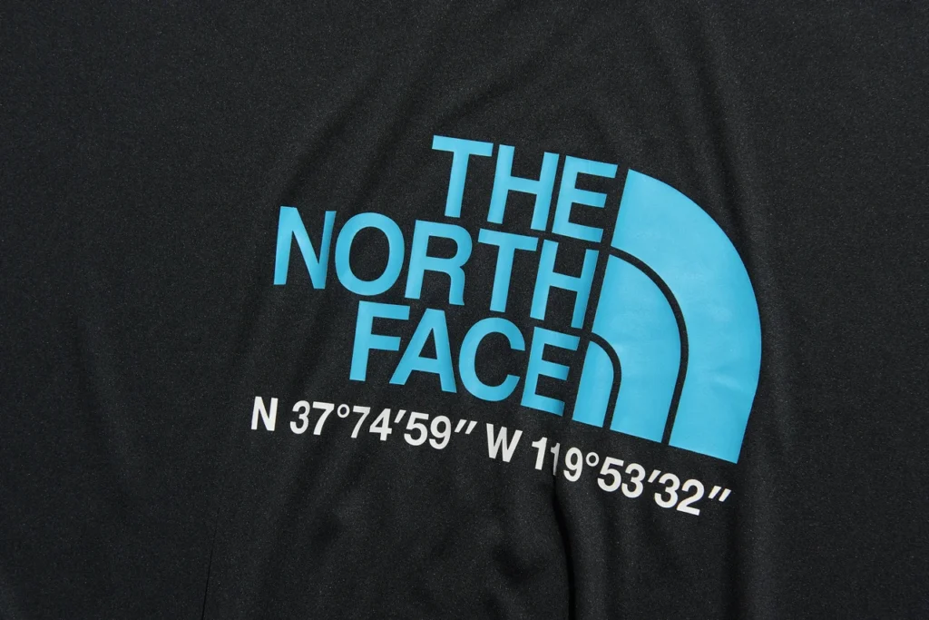 Close-up of the blue The North Face chest logo with white coordinates printed beneath it