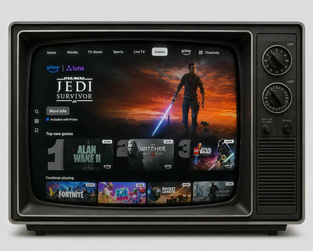 A vintage CRT television with a charcoal gray plastic housing, curved glass display, analog channel dials, speaker grille, and power controls sits against a light gray studio background. The screen shows a modern Prime Video interface with the Games tab selected, highlighting Star Wars Jedi: Survivor through Amazon Luna. Below the featured banner are rows of game thumbnails including Alan Wake II, The Witcher 3: Wild Hunt, LEGO Star Wars: The Skywalker Saga, Fortnite, Fall Guys, Rocket League, and Assassin's Creed Valhalla, creating a contrast between retro television hardware and contemporary cloud game