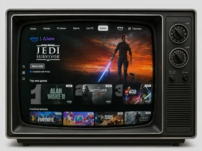 A vintage CRT television with a charcoal gray plastic housing, curved glass display, analog channel dials, speaker grille, and power controls sits against a light gray studio background. The screen shows a modern Prime Video interface with the Games tab selected, highlighting Star Wars Jedi: Survivor through Amazon Luna. Below the featured banner are rows of game thumbnails including Alan Wake II, The Witcher 3: Wild Hunt, LEGO Star Wars: The Skywalker Saga, Fortnite, Fall Guys, Rocket League, and Assassin's Creed Valhalla, creating a contrast between retro television hardware and contemporary cloud game
