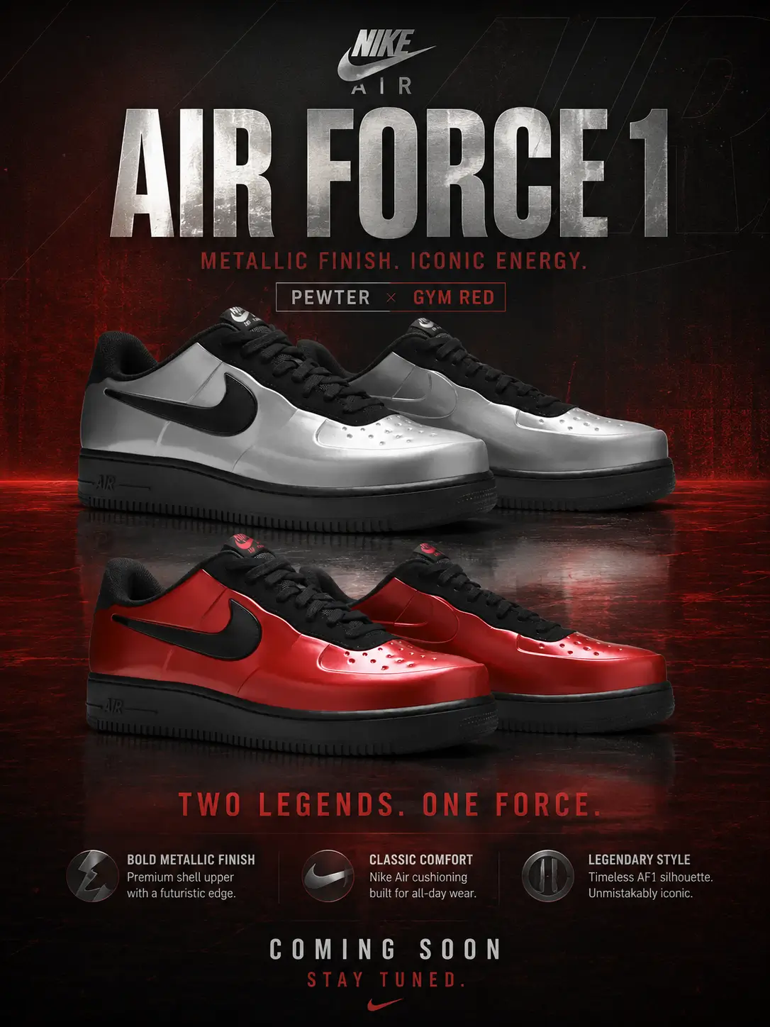 Promotional poster featuring metallic silver and metallic red Nike Air Force 1 Low sneakers against a dramatic black-and-red background with bold typography highlighting the Pewter and Gym Red colorways.