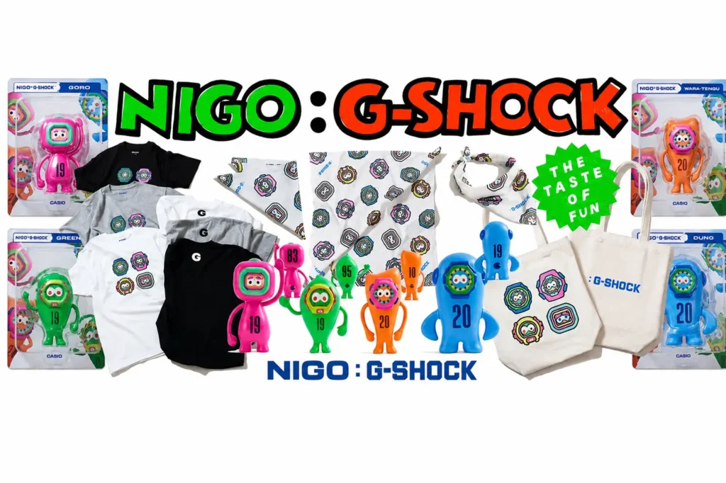 Complete NIGO x G-SHOCK collision lineup featuring graphic T-shirts, bandanas, tote bags, collectible mascot figures, stickers, and packaged character toys arranged in a colorful promotional display