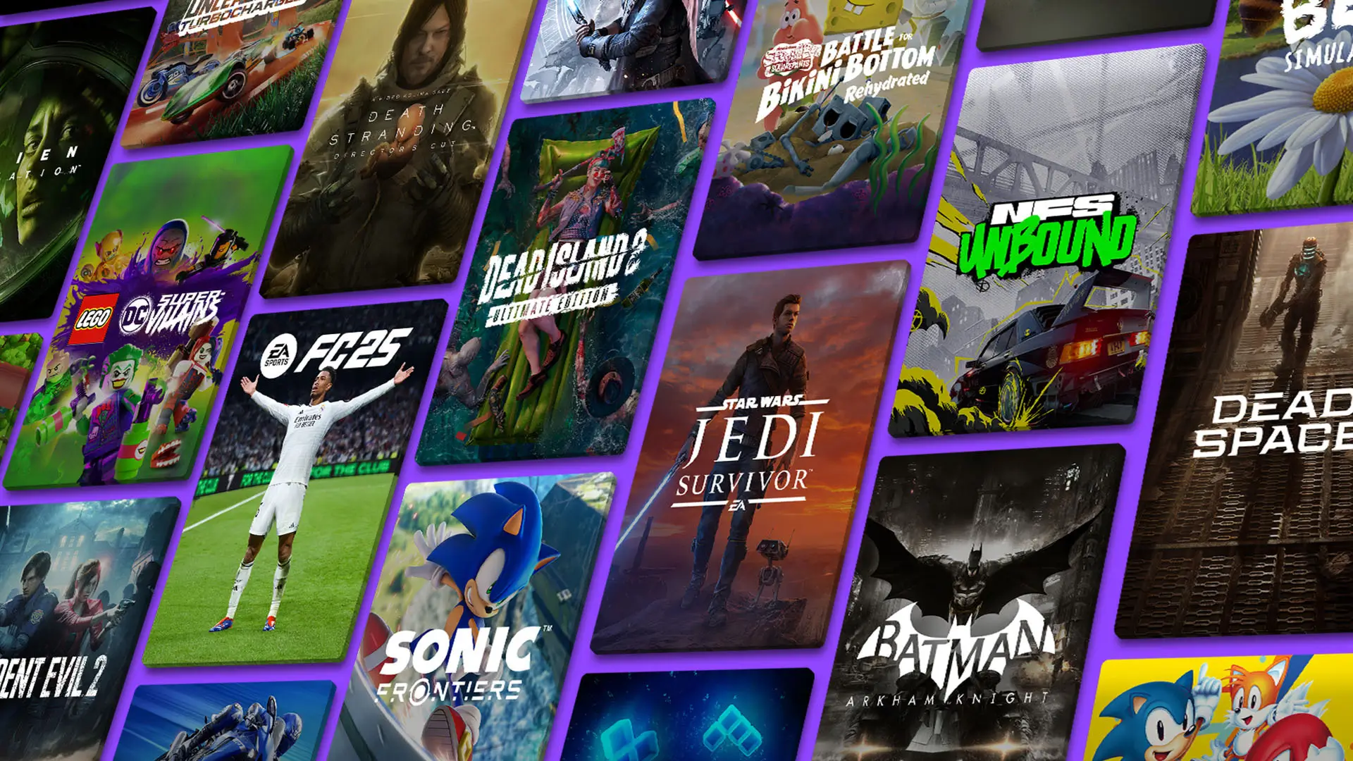 A collage of Amazon Luna game cover art displayed in staggered vertical panels against a vibrant purple background, featuring titles including Star Wars Jedi: Survivor, Dead Space, EA Sports FC 25, Sonic Frontiers, Batman: Arkham Knight, Need for Speed Unbound, Resident Evil 2, LEGO DC Super-Villains, Dead Island 2, and SpongeBob SquarePants: Battle for Bikini Bottom – Rehydrated.