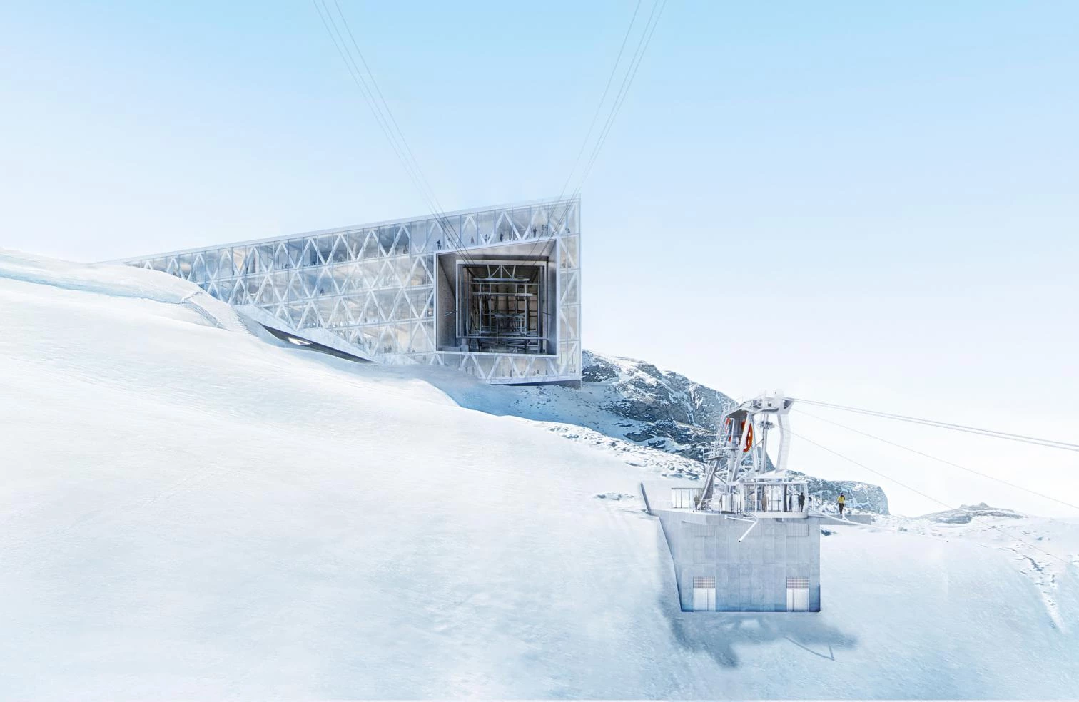 Contemporary alpine cable car station with a striking steel-and-glass structure perched on a snow-covered mountainside, connected to an aerial tramway above the glacier.