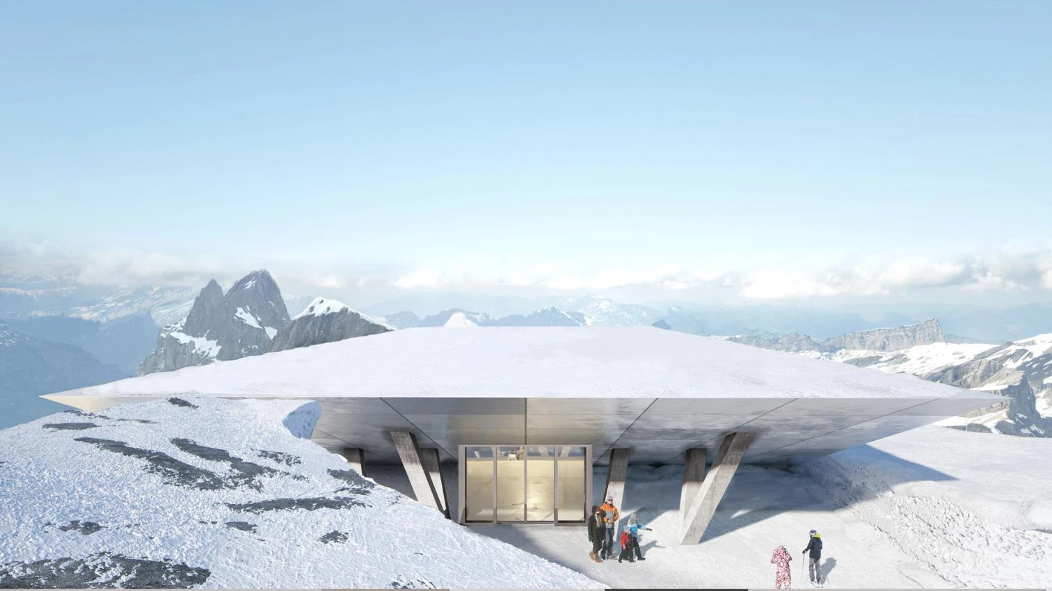 Modern alpine mountain station with a minimalist concrete structure built into a snow-covered summit, featuring a glass entrance and panoramic views of surrounding peaks.