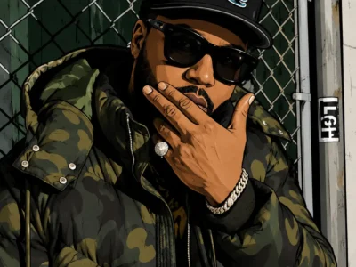 Cartoon style illustration of a Nino man wearing a camouflage puffer jacket, black sunglasses, and a black TB baseball cap, posing with his hand over his mouth in front of a chain link fence. Bold outlines, clean shading, and muted green and gray tones give the portrait a modern comic book aesthetic