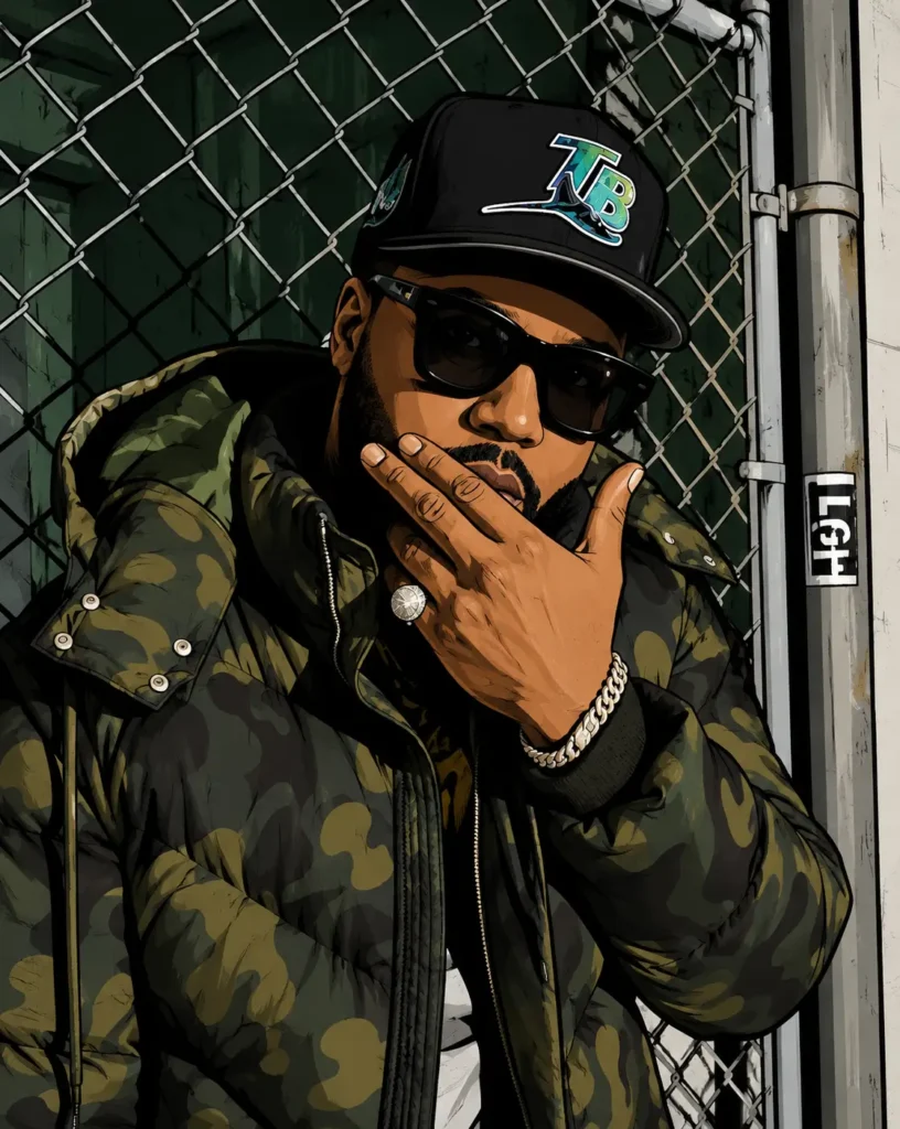 Cartoon style illustration of a Nino man wearing a camouflage puffer jacket, black sunglasses, and a black TB baseball cap, posing with his hand over his mouth in front of a chain link fence. Bold outlines, clean shading, and muted green and gray tones give the portrait a modern comic book aesthetic
