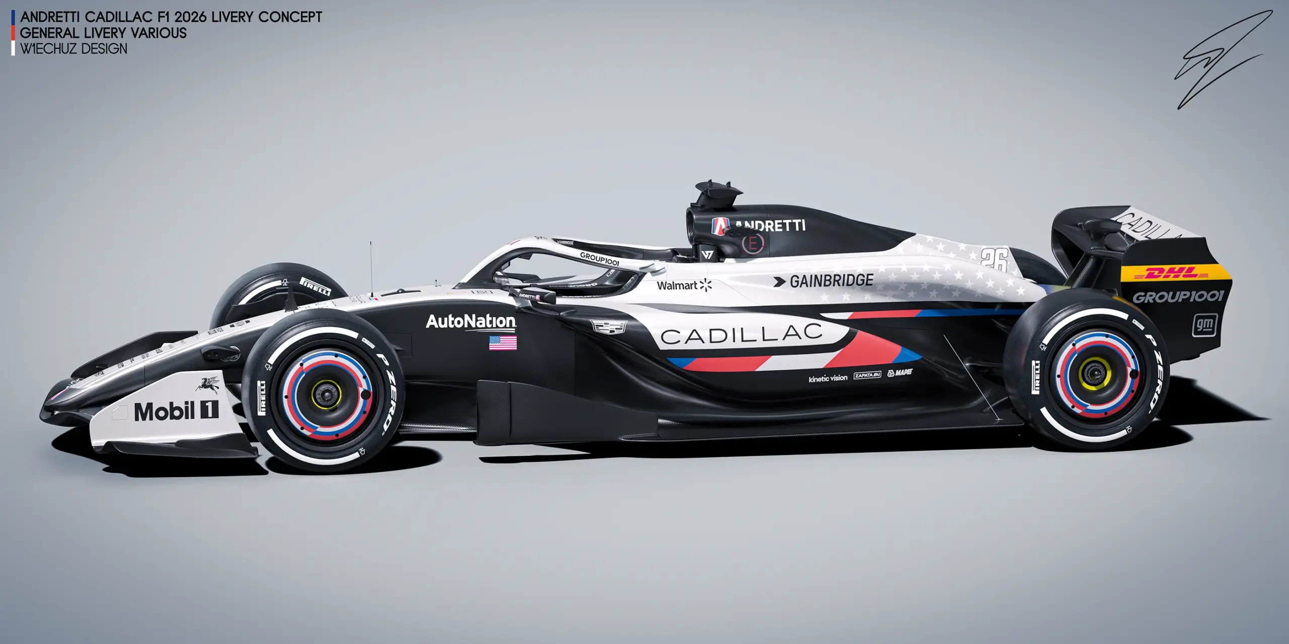 Side profile of the Andretti Cadillac Formula 1 2026 concept car featuring a black, white, and silver livery accented with red and blue graphics and prominent American sponsor branding.