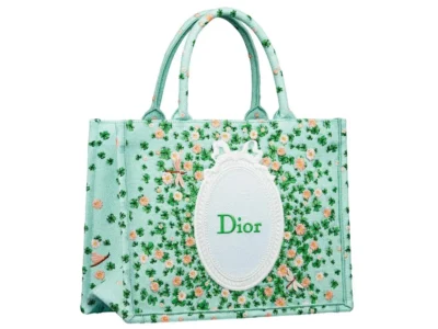 Mint green Dior Book Tote embroidered with clover and floral motifs, featuring an oval Dior logo panel and structured top handle