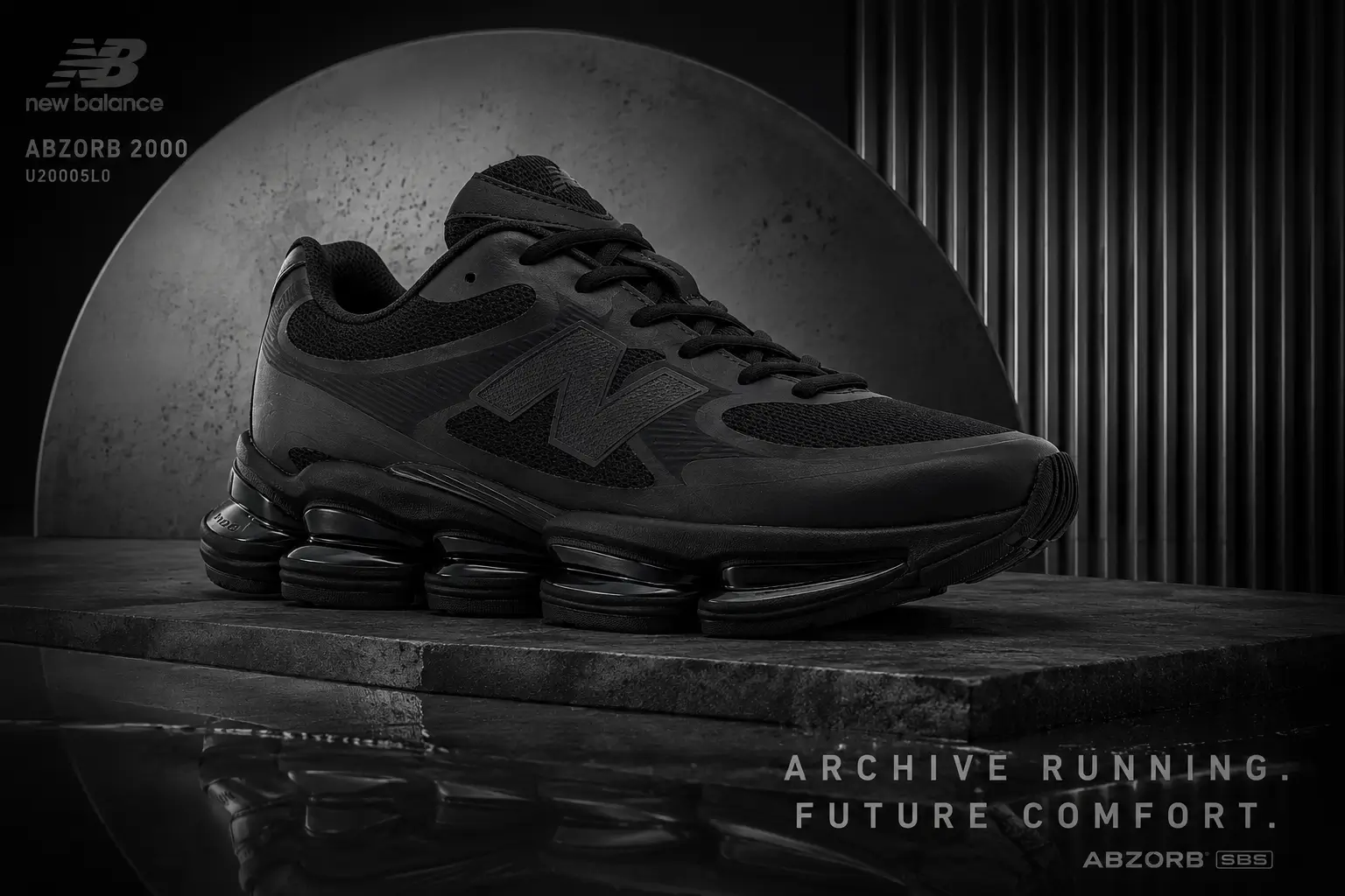 Promotional image of the New Balance ABZORB 2000 U20005L0 in an all-black colorway displayed on a dark stone platform. The sneaker features breathable black mesh, tonal synthetic overlays, a black 'N' logo, black laces, and a sculpted ABZORB SBS segmented midsole. An industrial backdrop with a circular concrete wall, ribbed panels, and reflective flooring surrounds the shoe, while New Balance branding and the tagline 'Archive Running. Future Comfort.' appear in the composition.