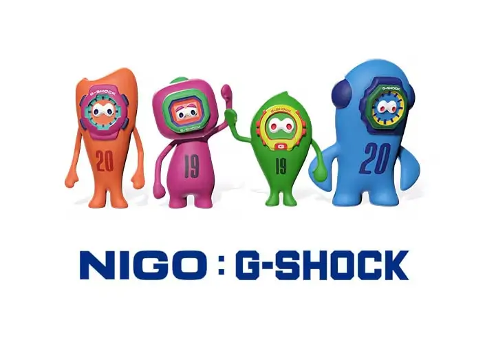 Four colorful NIGO x G-SHOCK mascot figures in orange, pink, green, and blue, each styled with a G-SHOCK watch face and standing above the NIGO x G-SHOCK logo on a white background.