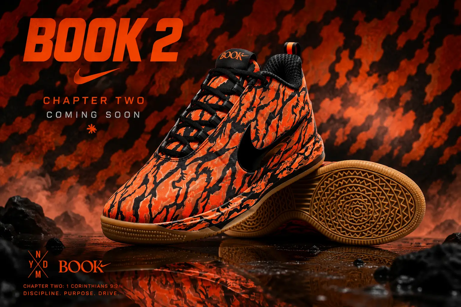 Promotional artwork for the Nike Book 2 featuring the orange-and-black camouflage colorway on a dramatic reflective surface with a matching camo backdrop and bold Book 2 branding.