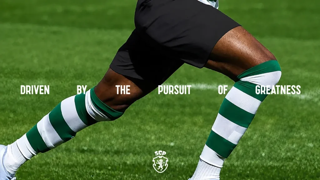 A soccer player wearing green and white striped socks and black shorts runs on grass. Overlaid text reads: “Driven by the pursuit of greatness,” with the SCP logo at the bottom.