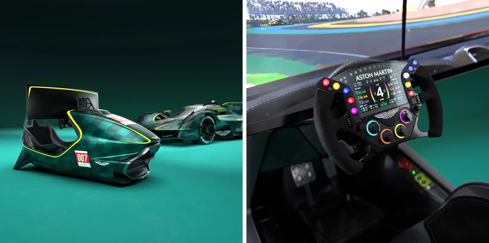 Aston Martin-inspired racing simulator cockpit showcased alongside a close-up of its Formula-style steering wheel with a digital display, colorful multifunction controls, carbon-fiber accents, and an ultrawide curved monitor for an immersive virtual racing experience.